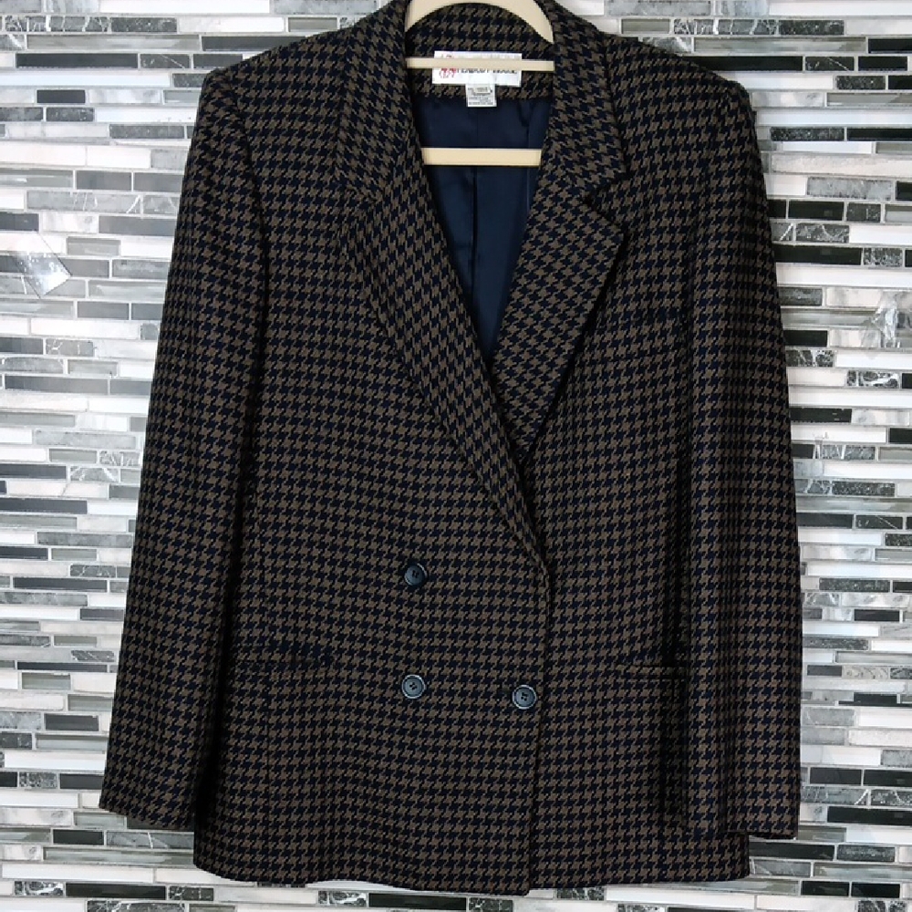 Vintage Tweed Wool Navy & Kahki Houndstooth Double-Breasted Blazer 11/12 Career